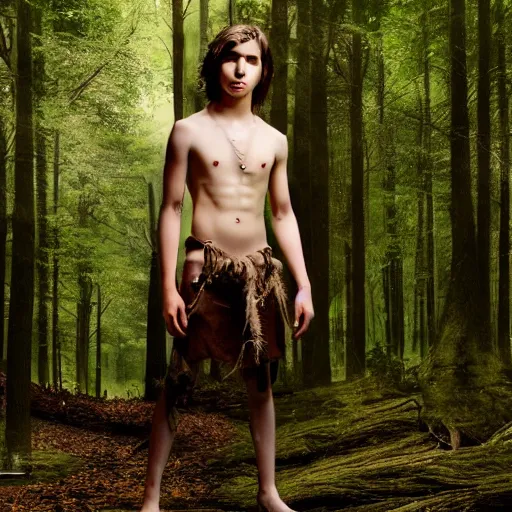 Image similar to a teenage boy, around 1 9 yo. natural brown hair. loincloth, pale skin. realistic face. ominous and eerie looking forest i'm background. natural colors.