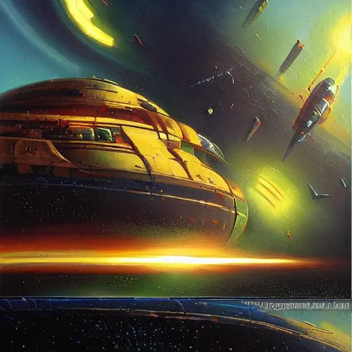 Image similar to a painting in the style of chris foss and in the style of stephan martiniere.