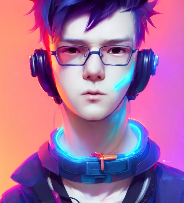 Image similar to character concept art of a cute young cyberpunk boy with colorful hair and collar | | cute - fine - face, pretty face, key visual, realistic shaded perfect face, fine details by stanley artgerm lau, wlop, rossdraws, james jean, andrei riabovitchev, marc simonetti, and sakimichan, trending on artstation