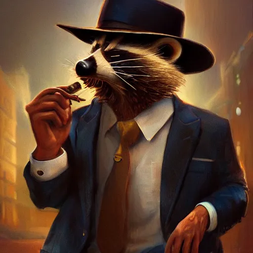 Prompt: a racoon wearing a suit smoking a cigar on his mouth, dramatic lighting, cinematic, establishing shot, extremly high detail, photorealistic, cinematic lighting, artstation, style by James Gurney