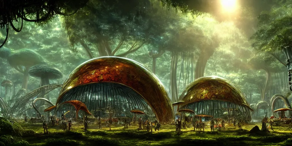 Image similar to a very colossal shining chrome metal arch is surrounded by jungles and mushrooms, retro - futuristic, science - fantasy, rusted, fungal, salt, lgbt, queer, rpg, epic, dungeons & dragons, sacred, sharp focus, award - winning, extremely detailed, 4 k, 8 k