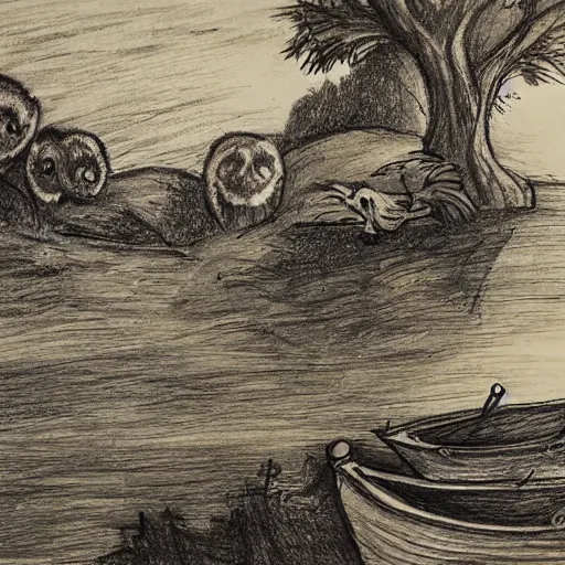 Prompt: landscape drawing with owls and boats, in the style of pauline baynes