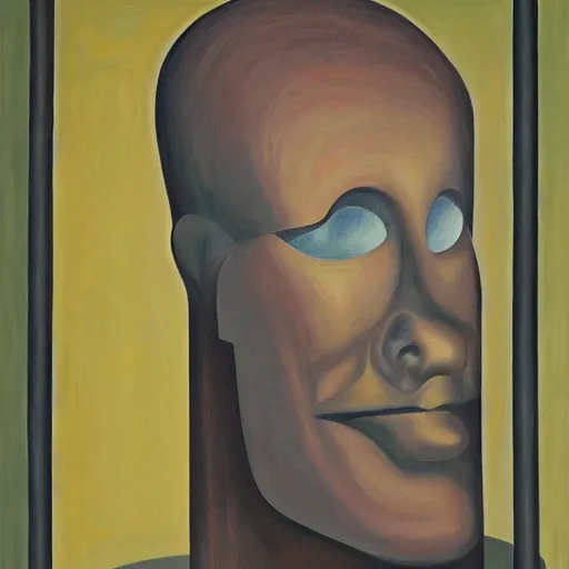 Prompt: brutalist giant unfeeling robot visage, portrait, atrium, rotunda, dystopian, pj crook, edward hopper, oil on canvas