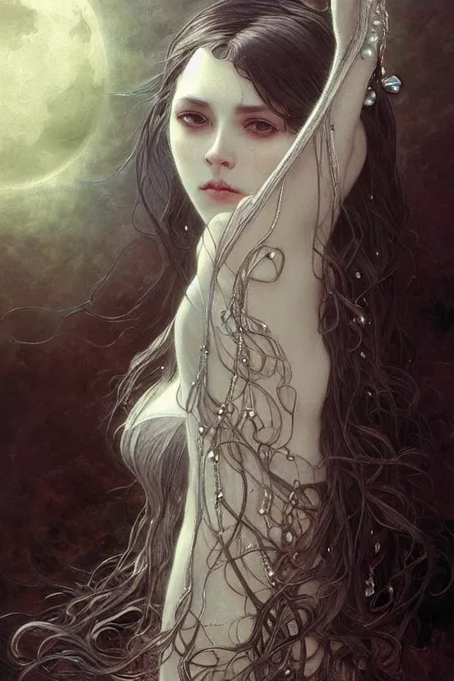 Prompt: thin goddess of moon, long dark hair, sad eyes, pale skin, silver and pearl jewelry, fantasy, intricate, highly detailed, digital painting, artstation, concept art, smooth, sharp focus, art by art by Artem Demura and Alphonse Mucha, ArtGerm, valentina remenar, ruan jia