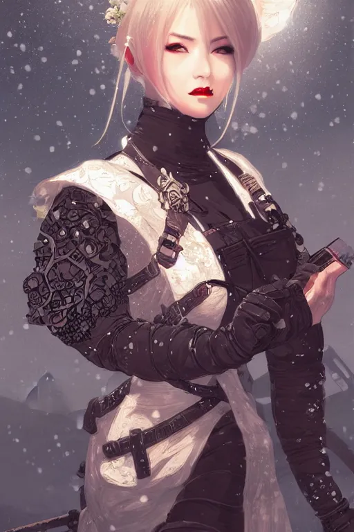 Image similar to portrait ninja gaiden girl, dieselpunk wardrobe, at snowy fuji mountain moonlight, fantasy, intricate and very beautiful and elegant, highly detailed, digital painting, artstation, concept art, smooth and sharp focus, cg by tian zi and wlop and alphonse mucha