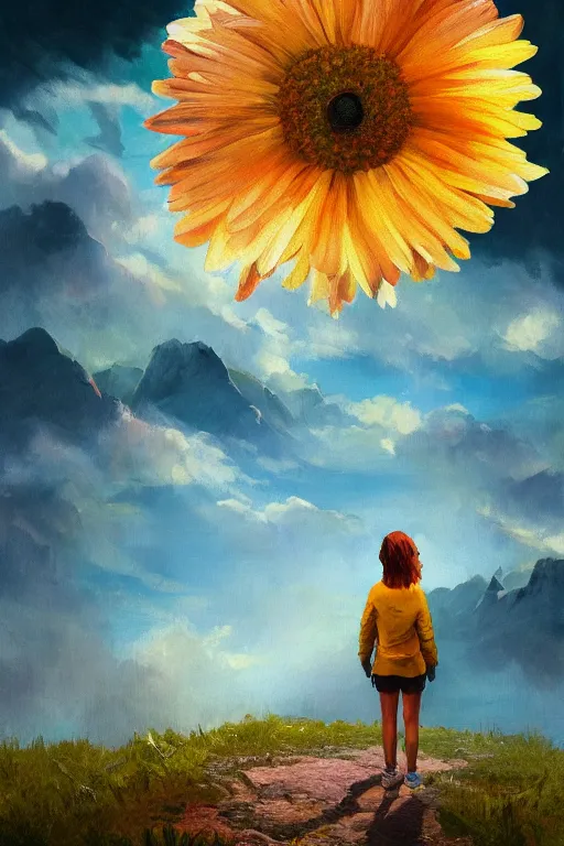 Image similar to giant daisy flower head, girl hiking in the mountains, surreal photography, sunrise, dramatic light, impressionist painting, colorful clouds, digital painting, artstation, simon stalenhag