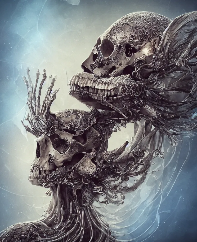 Image similar to close-up macro portrait of the face of a beautiful princess with animal skull mask, epic angle and pose, ribcage bones symmetrical artwork, 3d with depth of field, blurred background, cybernetic jellyfish female face skull phoenix bird, translucent, nautilus, energy flows of water and fire. a highly detailed epic cinematic concept art CG render. made in Maya, Blender and Photoshop, octane render, excellent composition, cinematic dystopian brutalist atmosphere, dynamic dramatic cinematic lighting, aesthetic, very inspirational, arthouse. y Greg Rutkowski, Ilya Kuvshinov, WLOP, Stanley Artgerm Lau, Ruan Jia and Fenghua Zhong