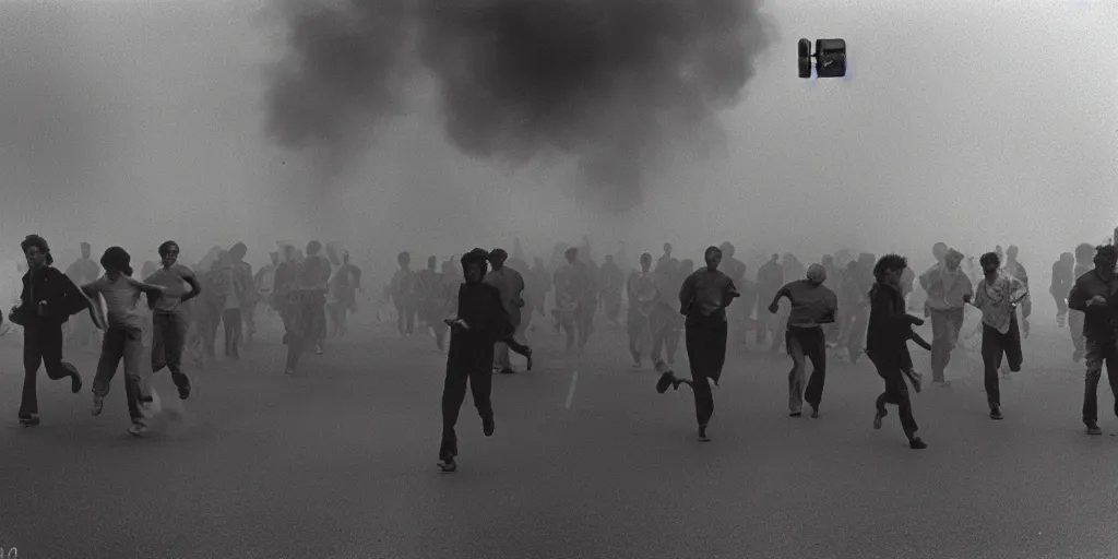 Image similar to street photo, revolution, smoke on the street, blurred thousands of people running, closeup, film photography, 1 9 8 0 s, exposed b & w photography, christopher morris photography, bruce davidson photography, peter marlow photography