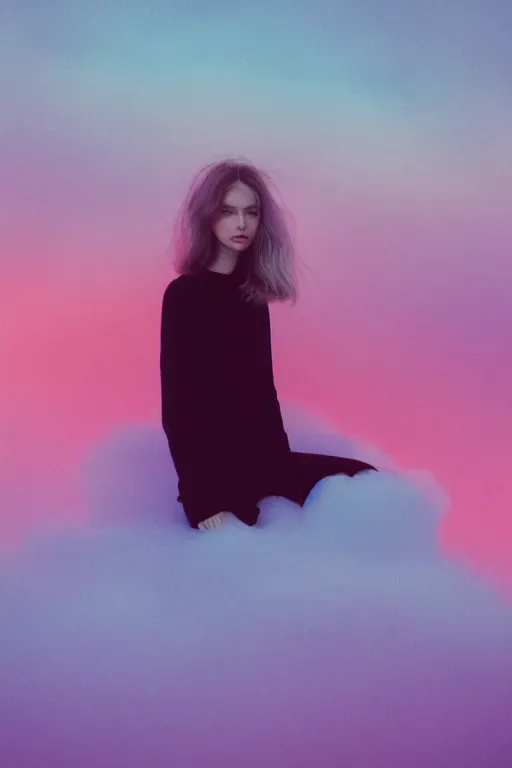 Image similar to high quality pastel coloured film close up wide angle photograph of a model wearing clothing resting on cloud furniture in a icelandic black rock!! environment in a partially haze filled dreamstate world. three point light, rainbow. photographic production. art directed. pastel colours. volumetric clouds. pastel gradient overlay. waves glitch artefacts. extreme facial clarity. 8 k. filmic.