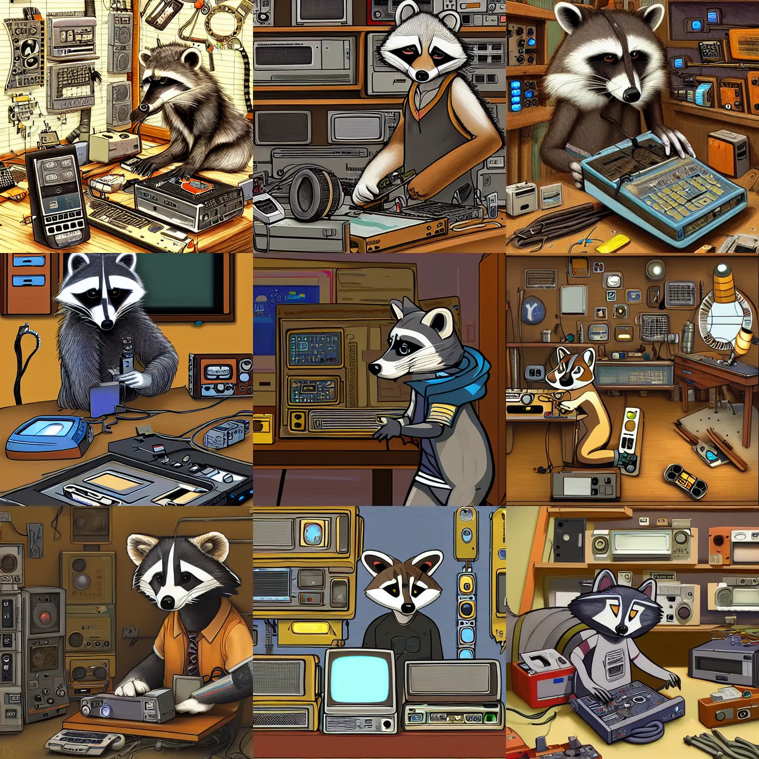 Prompt: FurAffinity art of an anthro raccoon in his workshop tinkering with retro electronics, extremely detailed, realistic shading, trending on FurAffinity