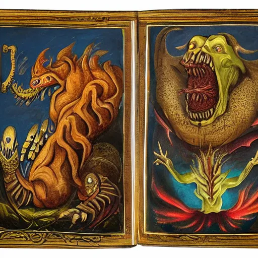 Image similar to medieval bestiary of repressed emotion monsters and creatures starting a fiery revolution in the psyche, surreal oil on canvas