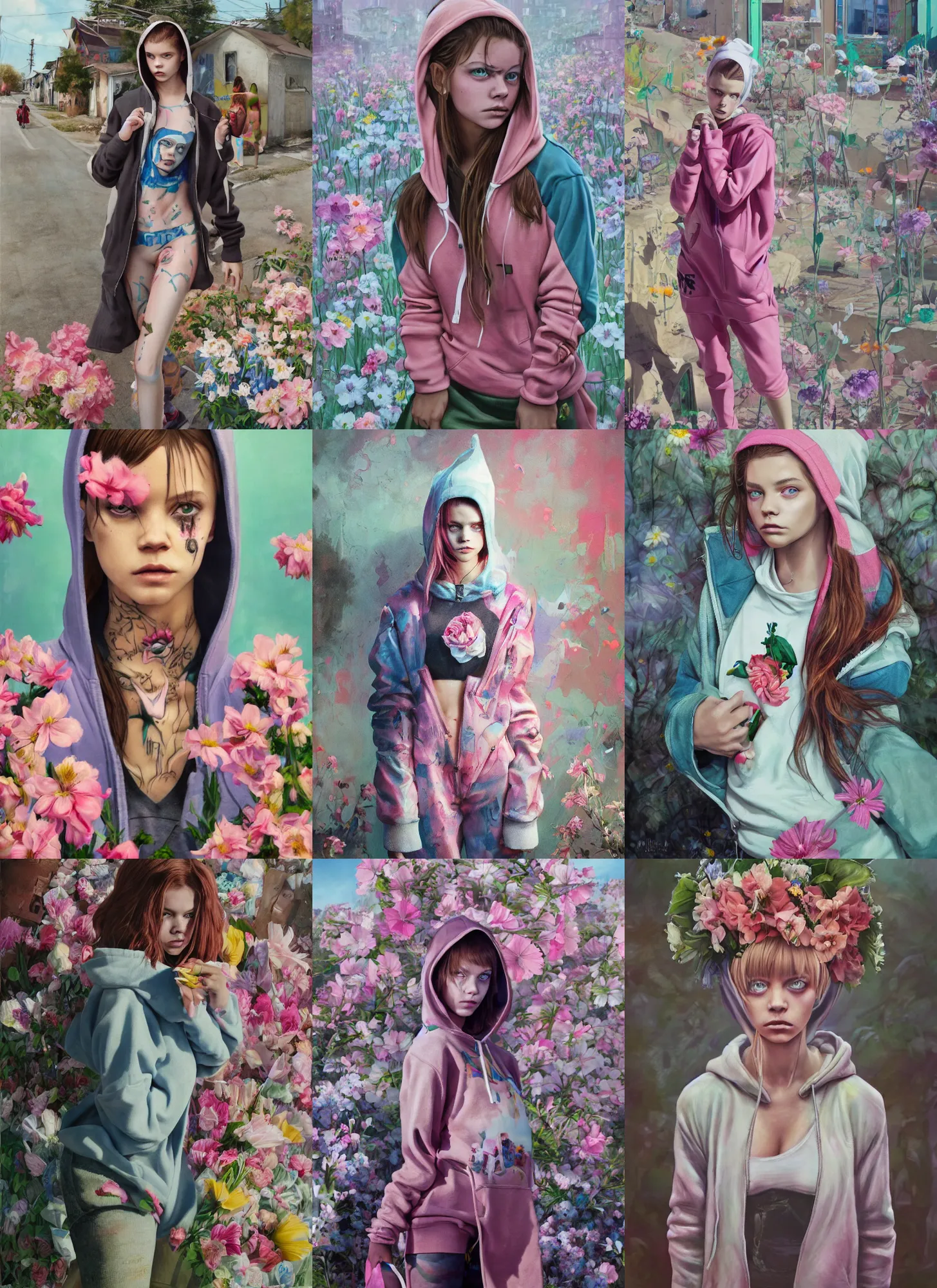 Prompt: still from music video of barbara palvin from die antwoord standing in a township street, wearing a hoodie and flowers, street clothes, full figure portrait painting by martine johanna, ilya kuvshinov, rossdraws, pastel color palette, 2 4 mm lens