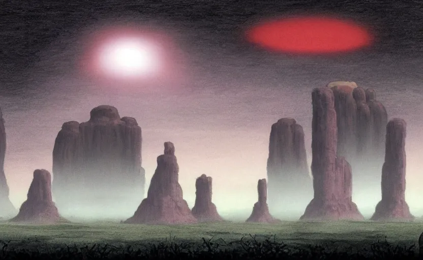 Image similar to a cell - shaded studio ghibli concept art from paprika ( 2 0 0 6 ) of a ufo with lights from close encounters of the third kind ( 1 9 7 7 ) sitting on top of a lush temple that looks like monument valley stonehenge jungle. a giant camel is in the foreground. very dull colors, hd, 4 k, hq