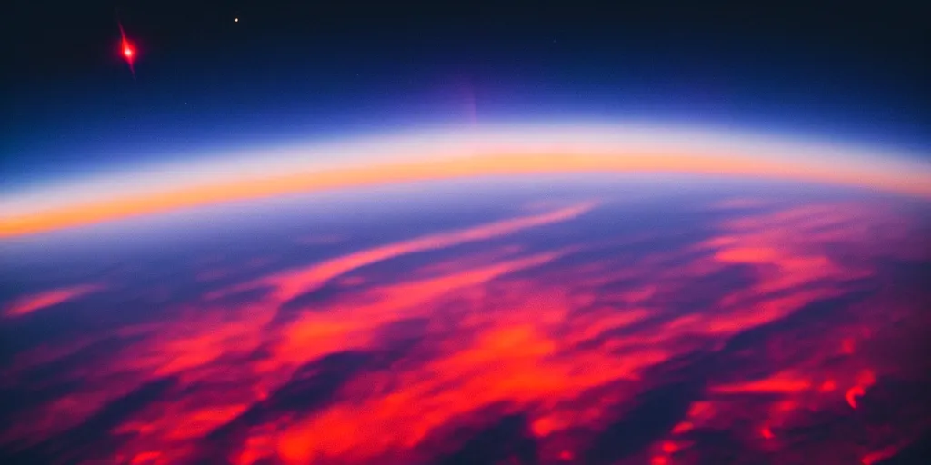 Prompt: a view of a sunset from low earth orbit, the black void of outer space is visible, photograph, space, cinematic, 4 k, detailed, satellite imagery, beautiful view, cosmic