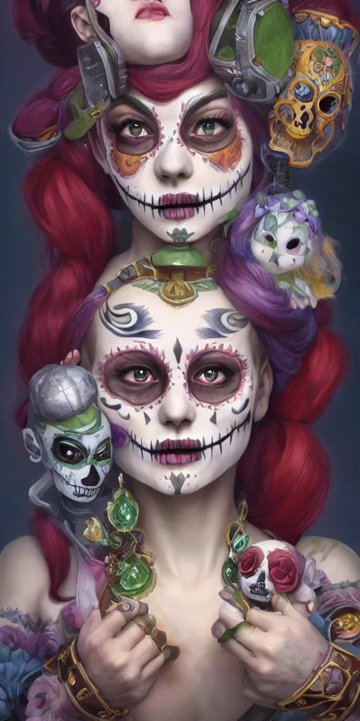 Image similar to uhd portrait photography mirror of jinx and teemo from league of legends with her face painted as in the dia de los muertos, coherent portraits, mmorpg fantasy, intricate, elegant, highly detailed, digital painting, trending on artstation, hdr photo, smooth, sharp focus, illustration, art by artgerm and greg rutkowski and alphonse mucha