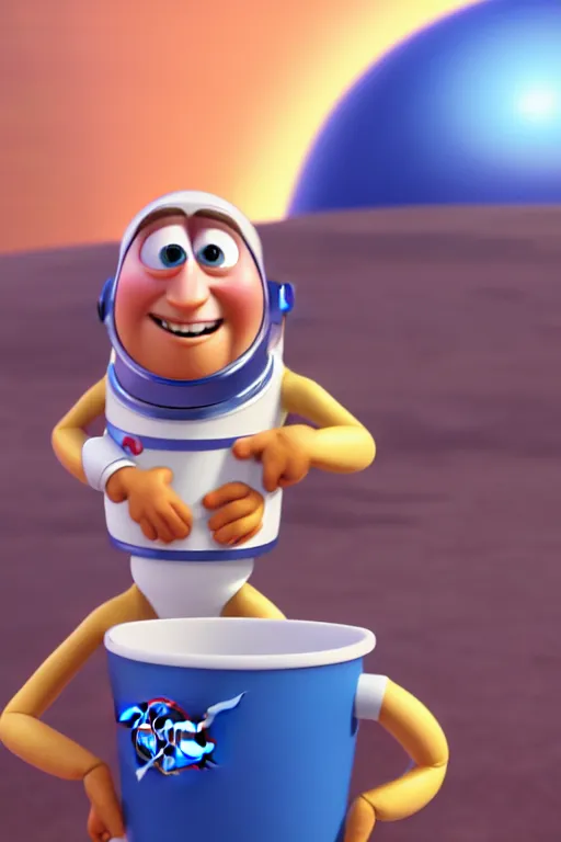 Image similar to portrait of a astronaut holding a cup of coffee with the space in background, full body. pixar disney 4 k 3 d render funny animation movie oscar winning trending on artstation and behance, ratatouille style