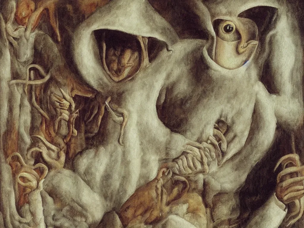 Image similar to close up portrait of man in white beekeeper suit with a surreal impossible creature from codex. painting by leonora carrington