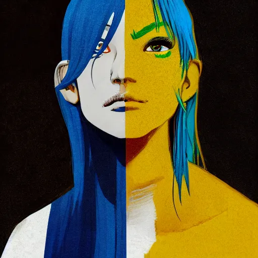 Image similar to profile shot of rimuru tempest, sky blue straight hair, long bangs, gold eyes, wearing a black jacket with white stripes, high collar, ultra detailed, brush strokes, digital painting, cinematic, wlop, closeup, pixiv, color block, eerie, scary, yoshitaka amano, andy warhol, junji ito