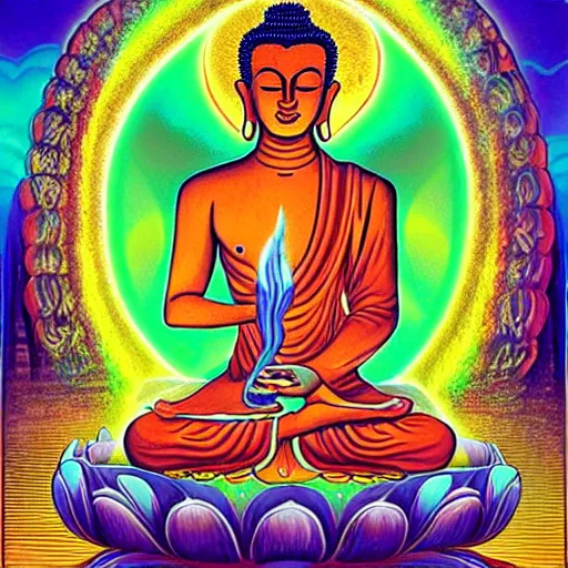 Image similar to the buddha as a DMT machine elf by “alex gray”