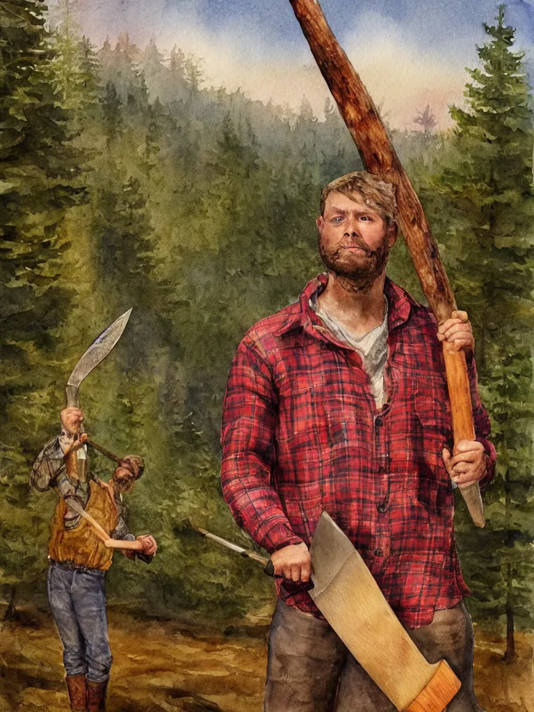 Image similar to a watercolor painting of a man wearing lumberjack clothes and holding a axe by william turner, forest in the background, warm colors, anatomically correct, five fingers, realistic and defined face, realistic, digital painting, masterpiece, watercolor, william turner, symmetrical, low contrast, warm