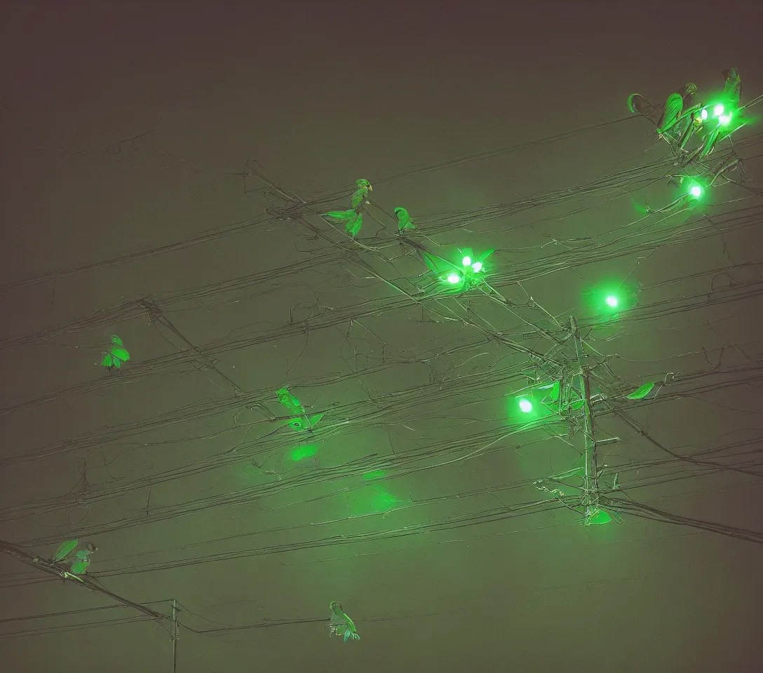 Image similar to a 3 5 mm photography of a lot of green parrots on the power lines glowing and reflecting green light from the flash of the camera at night