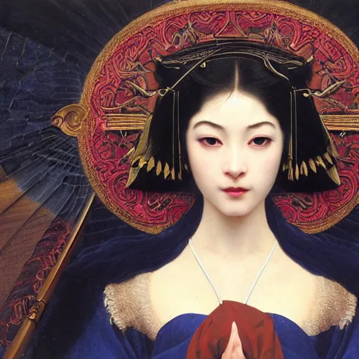 Prompt: front symmetric face of asian megane fox in japanese costume, victorian head dress, by jan van eyck, tom bagshaw, jean delville, william bouguereau, albrecht durer, symbolist painting, mysterious mood