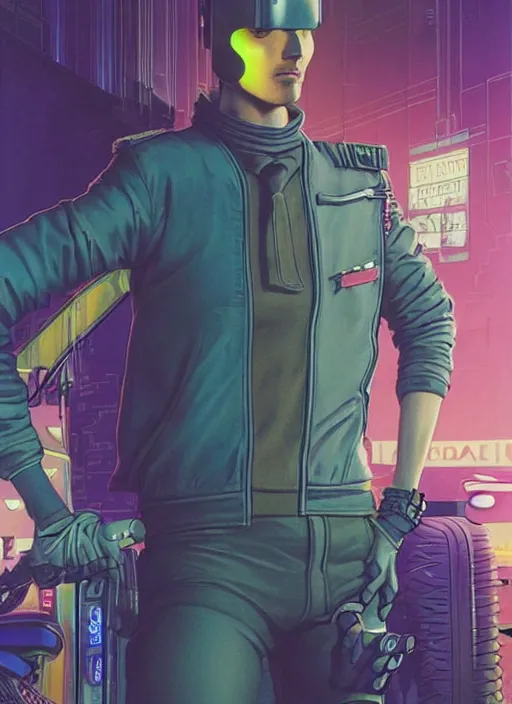 Image similar to cyberpunk traffic cop. portrait by mœbius and will eisner and gil elvgren and pixar. realistic proportions. cyberpunk 2 0 7 7, apex, blade runner 2 0 4 9 concept art. cel shading. attractive face. thick lines.