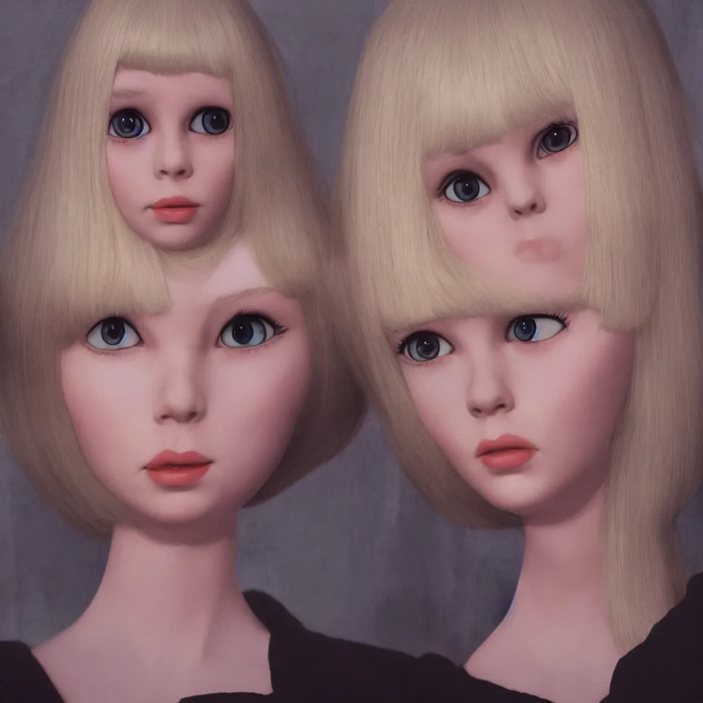 Prompt: 1 9 6 0 s mia farrow as a life size animatronic doll on the subway by margaret keane, vaporwave, big glass eyes, real hair, dimly lit, liminal space, haunting atmosphere, unrealengine octane render, 8 k