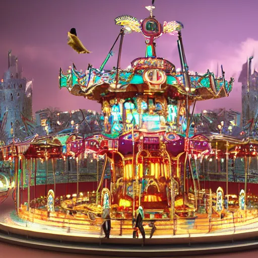 Prompt: A beautiful heartbreaking 3D render of a Dystopian Futuristic City Kingdom Carousel built on the head body of a fantasy female goddess Queen Healer surrounded by floating iridescent Howls Moving Castles carousel around the Queen's Crow