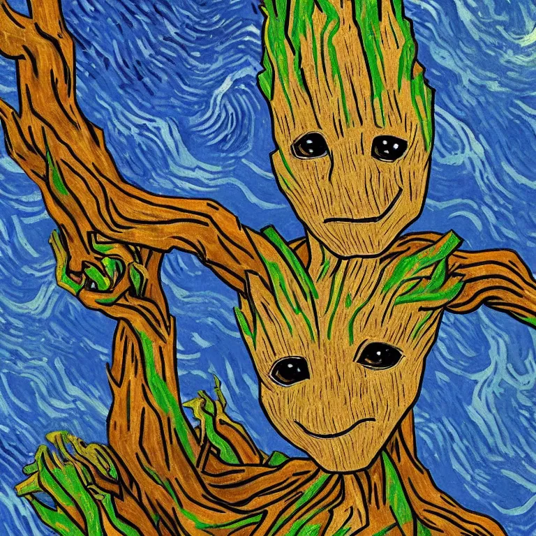 Prompt: Groot Painted by Vincent Van Gogh high quality 8k