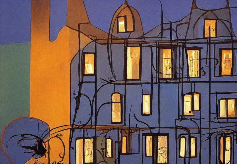 Prompt: a painting of a house in the style of dali backlit nighttime windows filled with water