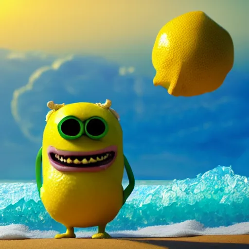 Prompt: 3 d render, of anthropomorphic lemon character looks like a monster from the movie وmonsters inc, with lemon skin texture, he is wearing a hat, building a sandcastle on the beach at sunset, beach, huge waves, sun, clouds, long violet and green trees, rim light, cinematic photography, professional, sand, sandcastle, volumetric lightening