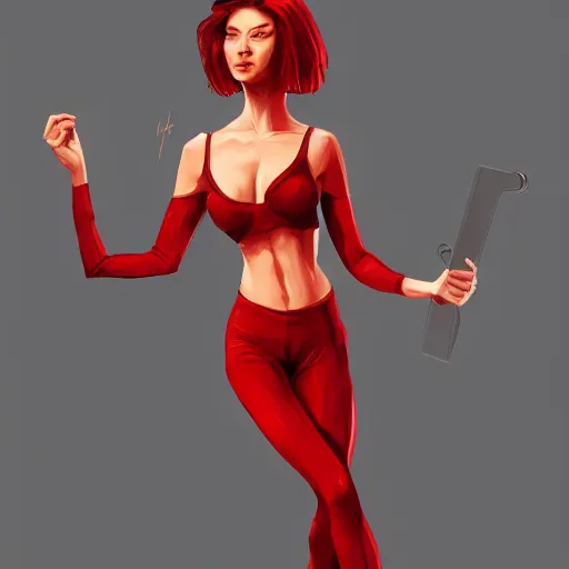 Prompt: a woman wearing a leotardt, full body shot, red hair, highly detailed, digital painting, artstation, concept art, smooth, sharp focus, illustration