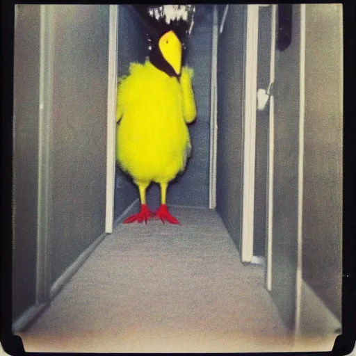 Image similar to A creepy polaroid photo of Big Bird chasing you down a hallway