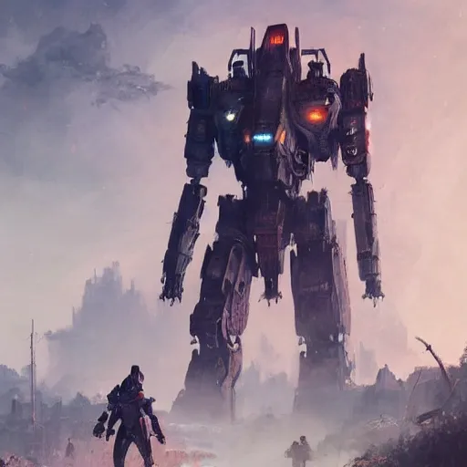 Prompt: giant robots in a post apocalyptic earth as seen by greg rutkowski, dark theme, enchanted, warm colors, high quality, waw, trending on artstation