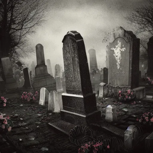 Prompt: A grave in a scary cemetery,gloomy lighting , digital art , highly detailed , high contrast, beautiful lighting, award winning , trending on art station, 8k