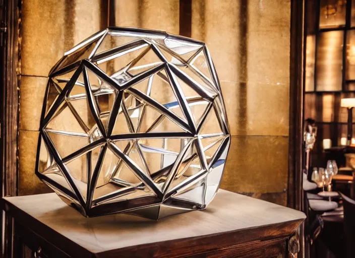 Image similar to a reflective geometric polyhedral steel engineering trophy at a high end bar in a medieval themed castle in golden afternoon light, professional food photography