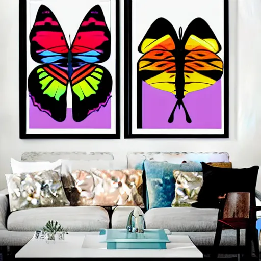 Prompt: symmetric colorful butterfly, geometric, graphic design, high fashion, wall art, elegant, in the style of andy warhol