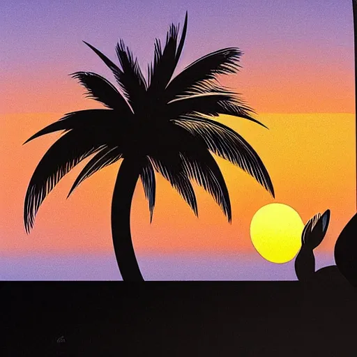 Prompt: rabbit near the sea watching the sunset, some palm trees, by eyvind earle, scott wills, genndy tartakovski