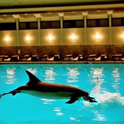 Image similar to Bottlenose Dolphin Swimming in a Hotel's Large Indoor Pool, Dim Lighting, Photograph Taken from the Edge of the Pool