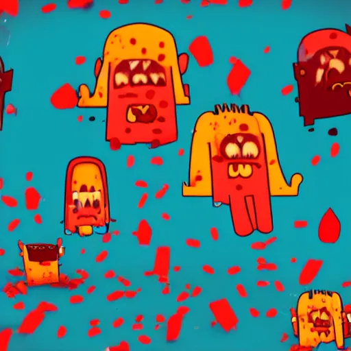 Image similar to fall guys in horror style. Creepy, disgusting, terrifying, hellish landscape, red confetti, surreal