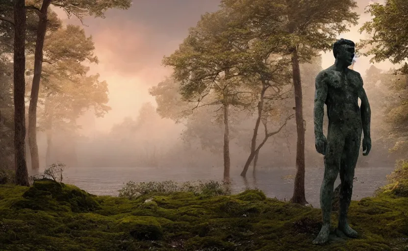 Image similar to a mossy marble statue of Cristiano Ronaldo abandoned in the middle of a forest near a lake at sunset by Greg Rutkowski, concept art, godrays, complementary colors, calm, relaxing, beautiful landscape, highly detailed, high quality, 4k HDR, path tracing, serene landscape, high coherence, soft lighting