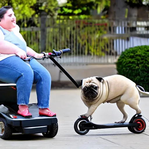 Image similar to a morbidly obese pug riding a motorized shopping cart mobility scooter, high resolution photo