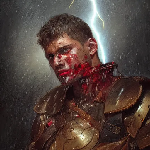 Prompt: portrait of a male warrior bruised and bleeding, raining, lightning strike in background, intricate, headshot, highly detailed, digital painting, artstation, concept art, sharp focus, cinematic lighting, illustration, art by artgerm and greg rutkowski, alphonse mucha, cgsociety