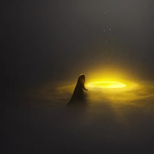 Image similar to award - winning. trending on artstation. cinematic. surreal. 4 k. a person wearing hooded frayed yellow robes and a minimalist steel mask staring while a black hole floats behind them. dark background.