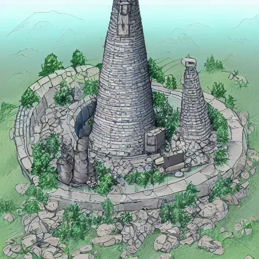 Image similar to Aerial view of a wizard tower next to a few mines and a few caves, lineart, colored