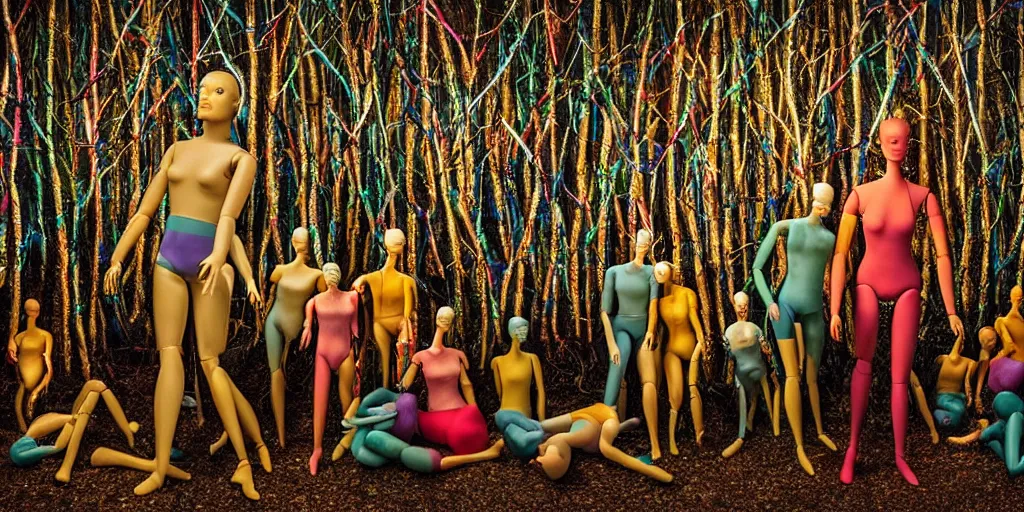 Image similar to award winning photo ofcontainer filled with manikin dolls neXt to metallic forest, vivid colors, happy, symmetrical face, beautiful eyes, studio lighting, wide shot art by gregory crewdson