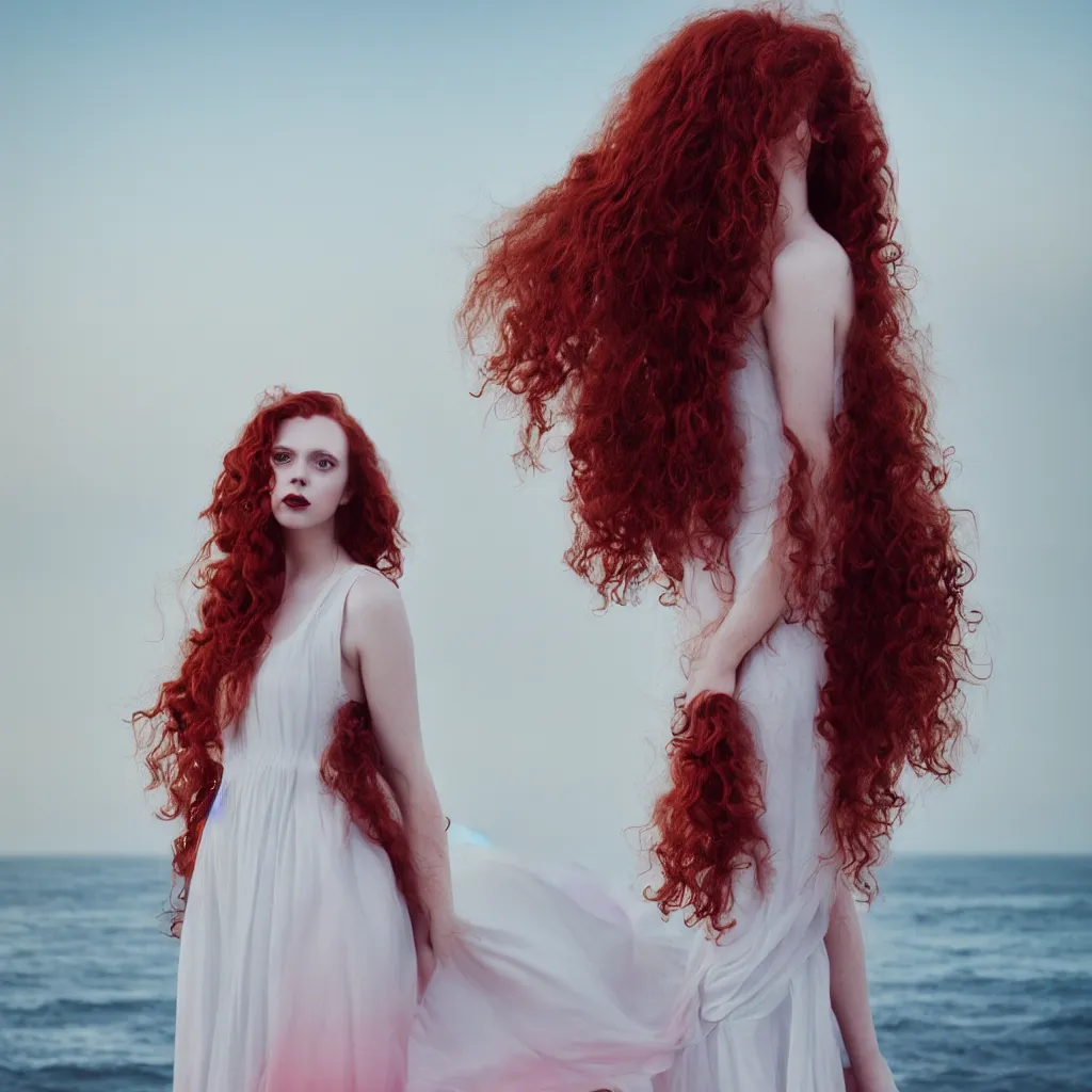 Image similar to a portrait photography of with red long curly hair and full body dress in white by Flora Borsi, stand up with the sea behind, soft sunset lighting, pastel colors scheme, fine art photography, dramatic backgroung, 50 mm sigma art