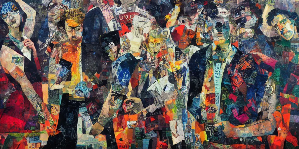 Image similar to gangsters, collage, acrylic on canvas, expressionism movement, breathtaking detailed, by blake neubert