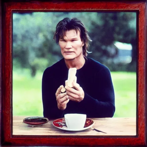 Image similar to patrick swayze eating! a cola cube, high quality photograph,